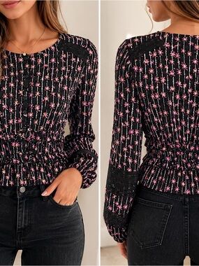 EN/KAY Black Pink Floral Ruffle Waist Blouse Size Medium Boho Romantic